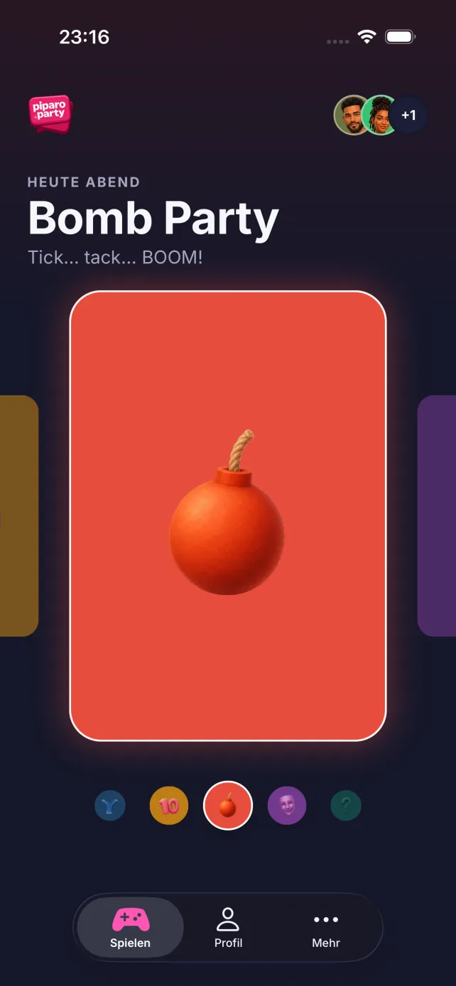 piparo.party home screen showing the Bomb Party game